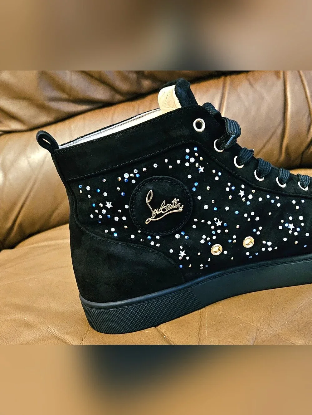 Men's Christian Louboutin Black Suede Swarovski  Designer Sneakers Size 9.5 US